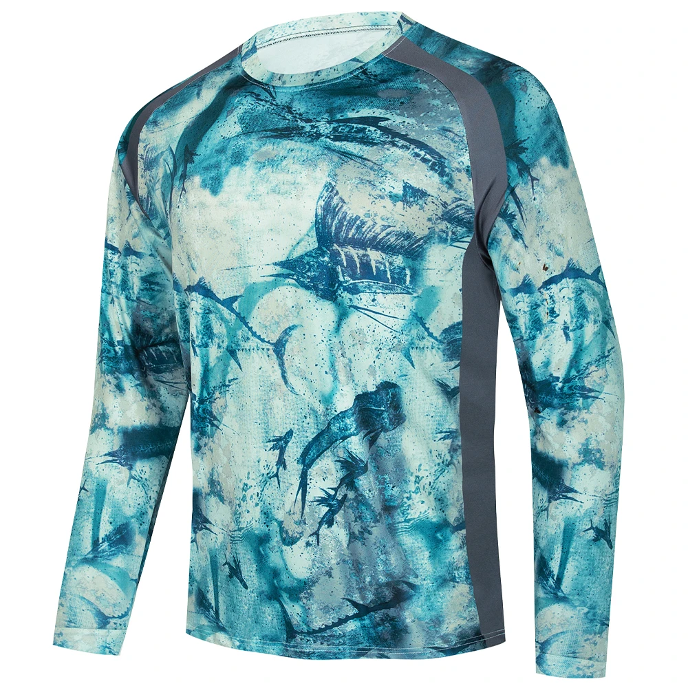 Men Marlin Fish Print Long Sleeve Fishing Shirts Raglan Grey Panel Quick Dry Surf Rash Guard Tops