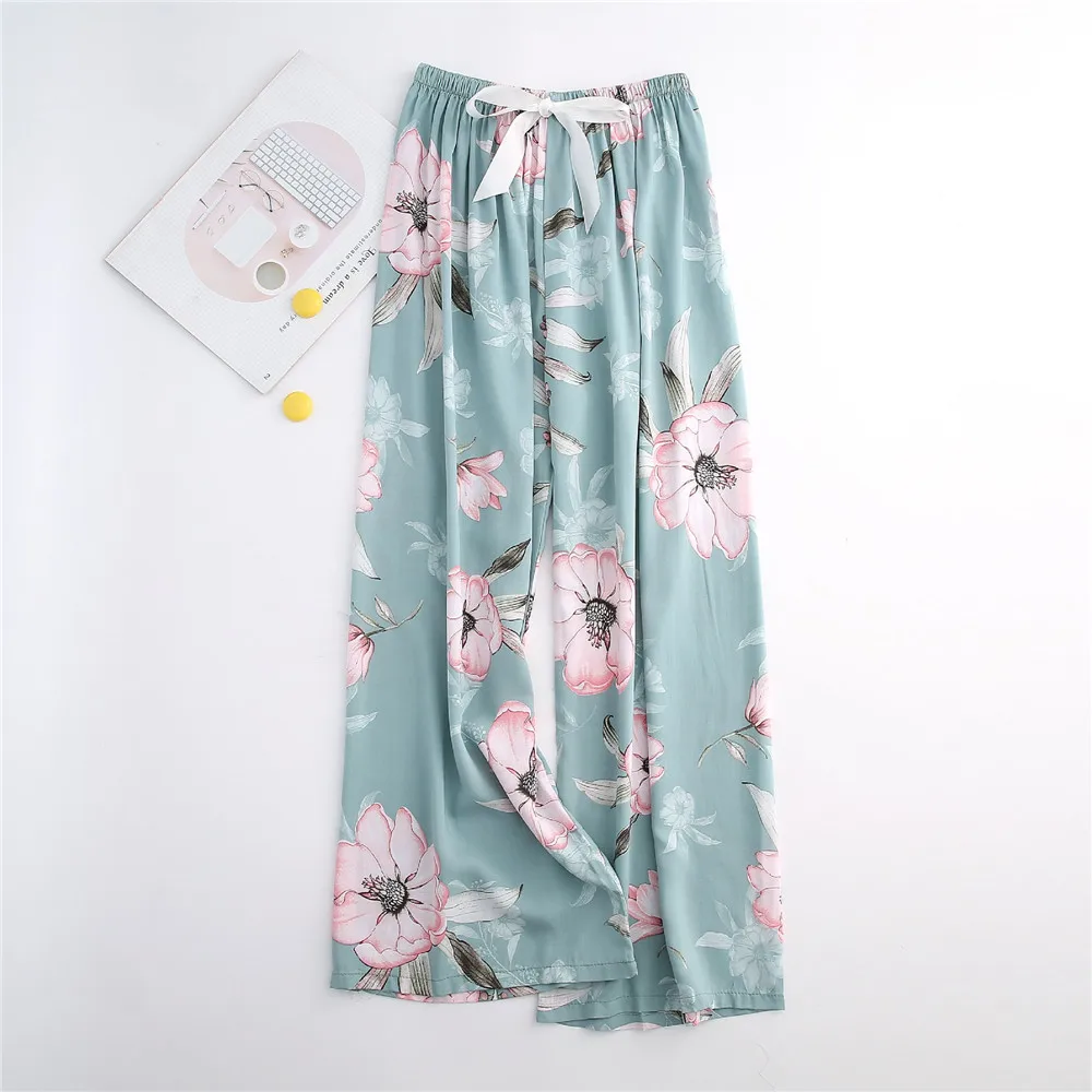 Cute Women Loose Pajama Pants Summer Lounge Trousers Floral Print Casual Stretch Waist Drawstring High Waist Pants Home Pants