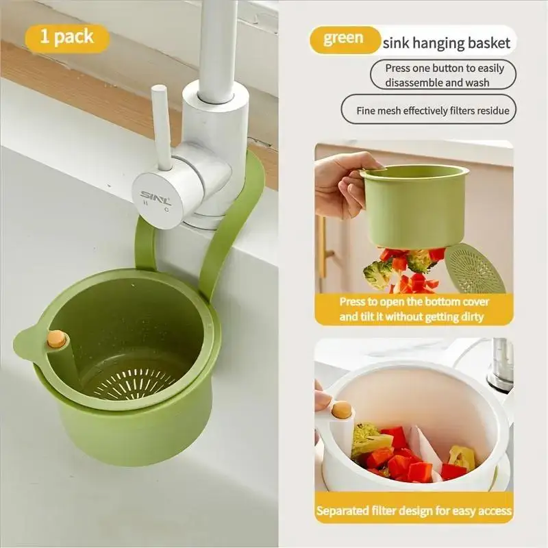 Kitchen Waste Collector Sink Drain Basket Faucet Hanging Filter Bag Adjustable Automatic Dumping Basket Sink Sponge Rack