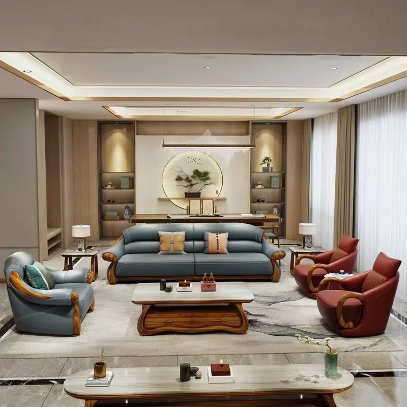 Solid wood sofa combination, first-layer cowhide sofa, ebony wood leather sofa