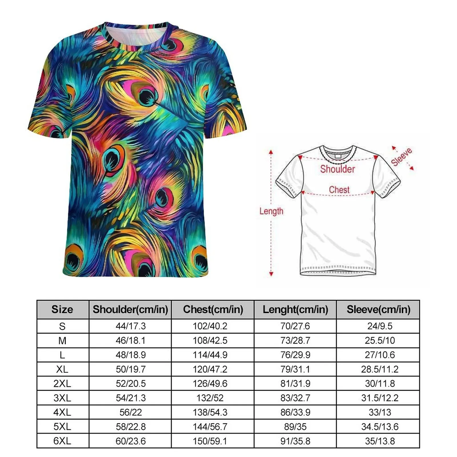 Rainbow Peacock Feather T Shirt Men Harajuku T-Shirts Summer Graphic Tee Shirt Short Sleeves Oversized Clothing Birthday Present