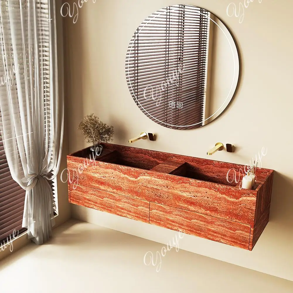 

"Double Sink Vanity Set: Italian Red Travertine, Dual Faucets, Narrow Frame Deep Basin & Child-Safe Edges - Premium Bathroom"​​