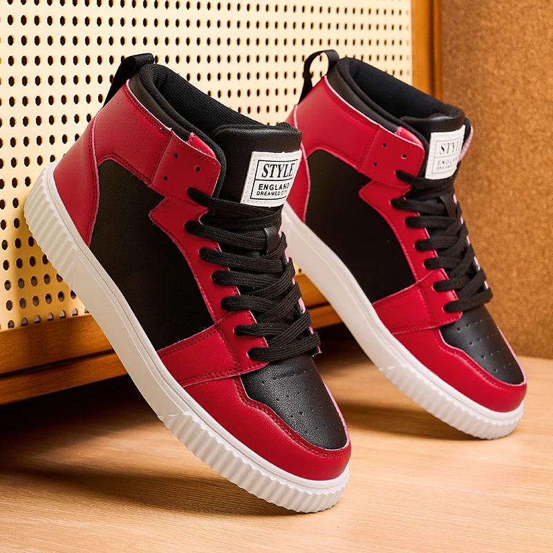 

Spring Summer Fashion Red High-Top Shoes Couple Comfortable Pu Leather Casual Sneakers Man Flat Versatile Hip-Hop Shoes For Men