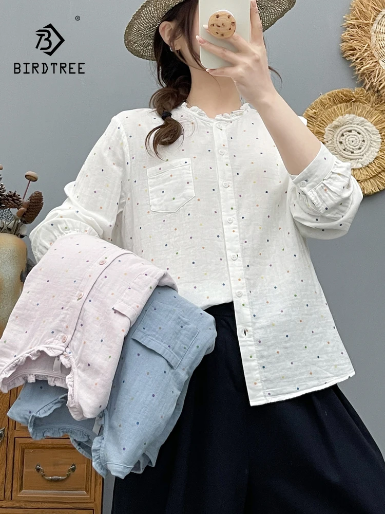 

New 2026 Spring Women Cotton Yarn Long Sleeve Shirt, Ruffled Dot Printed, Mori Girl Sweet Comfortable Thin Loose Blouse T63985CC