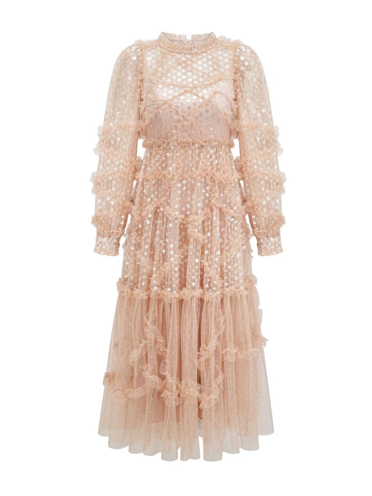 

Temperament and elegant mesh embroidery sequins high waist long sleeve long A-line skirt daily travel dress-GZXX509