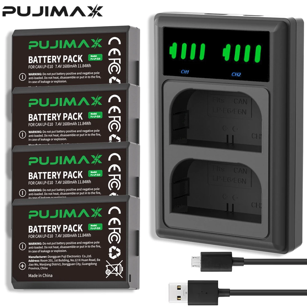 PUJIMAX 4x LP-E10 LP E10 LPE10 Camera Batteries+LCD USB Dual Charger for Canon EOS 1100D 1200D 1300D Kiss X50 X70 X80 Rebel T6