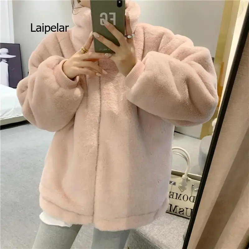 

Women's Imitation Mink Hooded Jacket Soft Loose Coat Solid Color Heavy Zipper Warm Pocket New Korean Version Winter