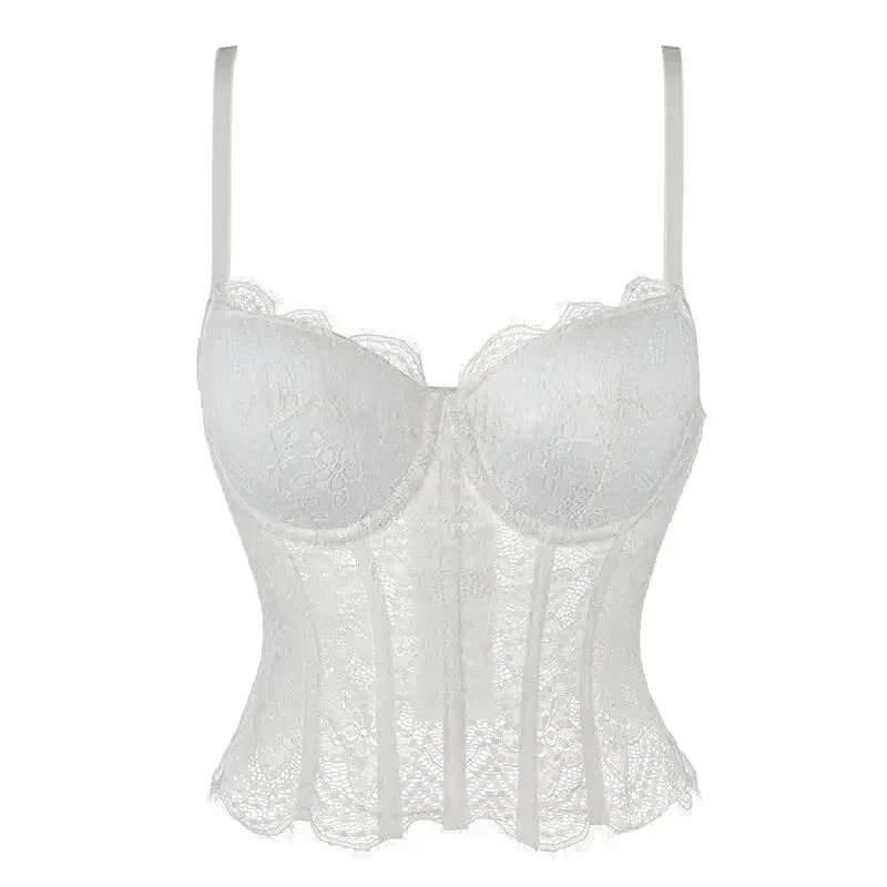 

2024 Fashion Lace Hollowing Mesh See Through Halter Crop Top Women Sexy Bare Shoulder Strappy Tank Vest Corset Camisole Clothing