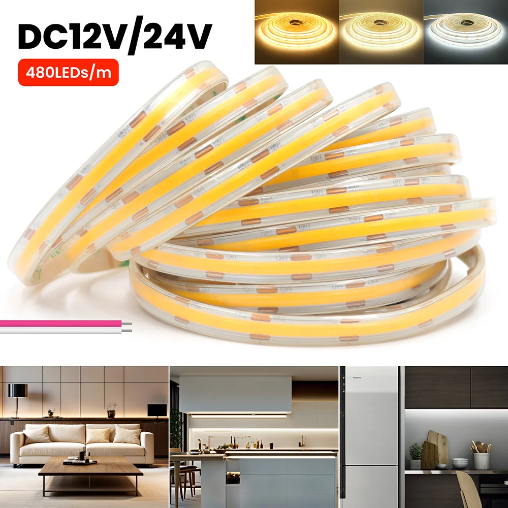 480LEDs/m COB LED Strip 12V 24V Light with 2pin Wire 3000K 4000K 6000K IP67 Waterproof Flexible Led Tape 5m 10m 20m 0.5m 1m 2m