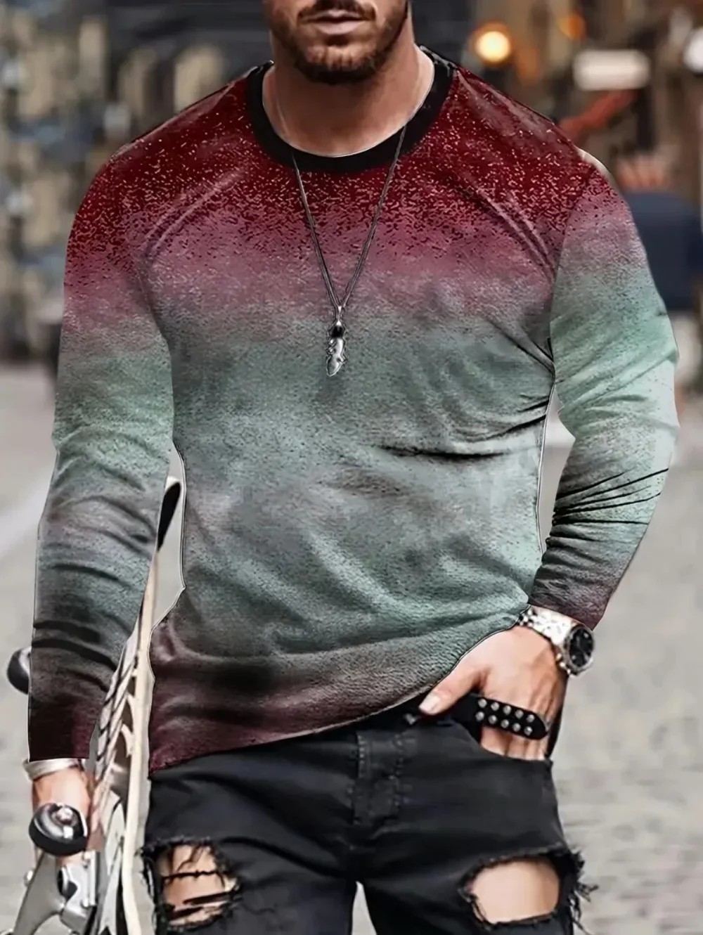 Herren Langarm-T-Shirt aus Polyester mit 3D-Druck, Vintage-Bürstertextur, geometrischem Grafikmuster, Rundhalsausschnitt, lässige Streetwear-Oberteile – Detail 4