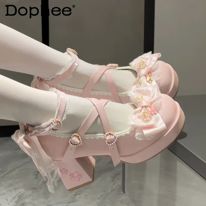

Original Japanese Lolita Sweet Pink High Heels Spring and Autumn New Lady Cute Bow Cos Platform Muffin Shoes Mary Jane Shoes