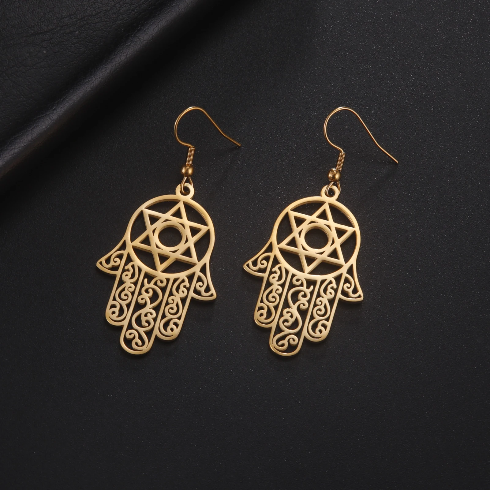 LIKGREAT Bohemia Hamsa Hand Of Fatima Earrings Women Gold Color Magen Star of David Drop Earrings Boho Jewelry