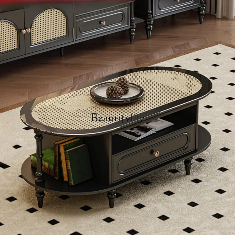 

American retro coffee table living room household small apartment rattan large capacity multi-functional round tea table