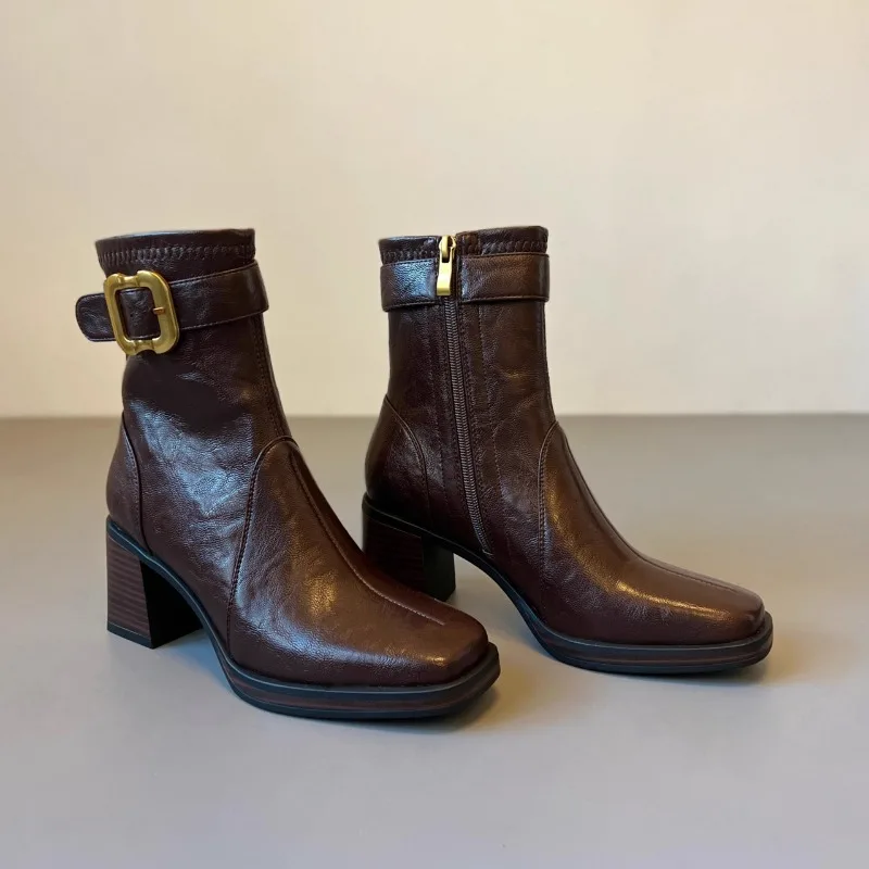 

Fashion Metal Buckle Booties Square Toe Barren Side Zipper Soft Sole Non-Slip Wear-Resistant Block Heel Shoes