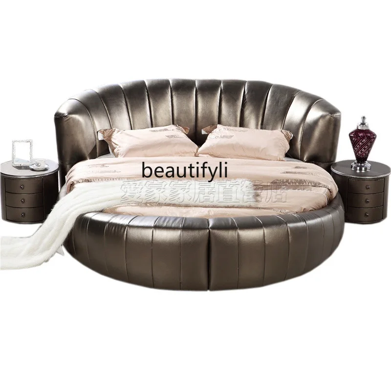 Modern Simple round Bed Double Leather Bed Small Apartment Master Bedroom round Marriage   Couple Hotel Soft Bed