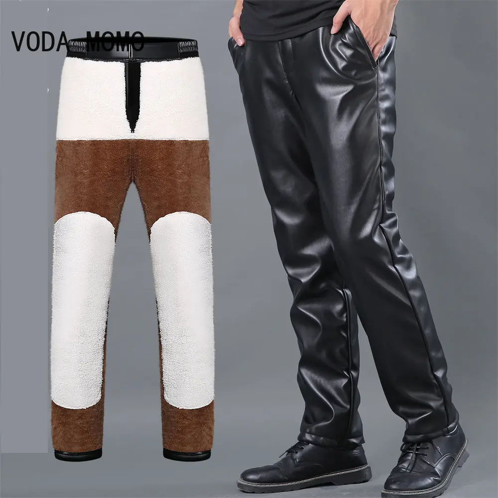 

Dropshipping Leather Pants men Autumn Winter Men pants Straight Pants Sheepskin Pants Zipper Fly Regular Full Length Pants