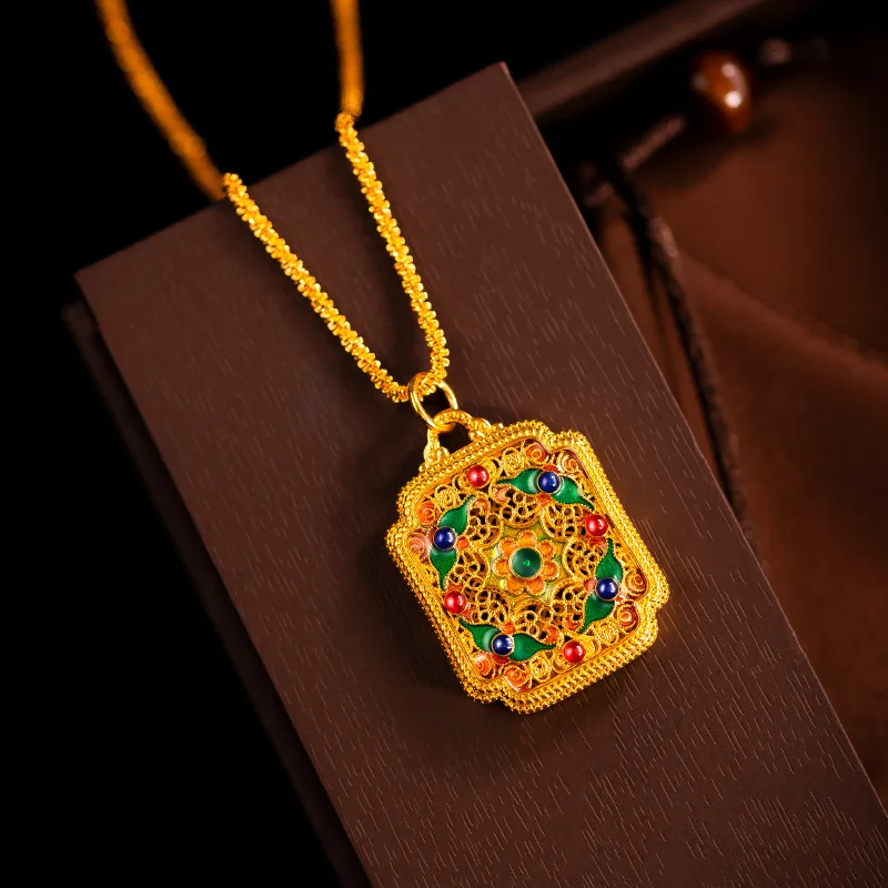 

9999 24K real gold ethnic style filigree burnt blue flower pendant gold inheritance enamel necklace for men women