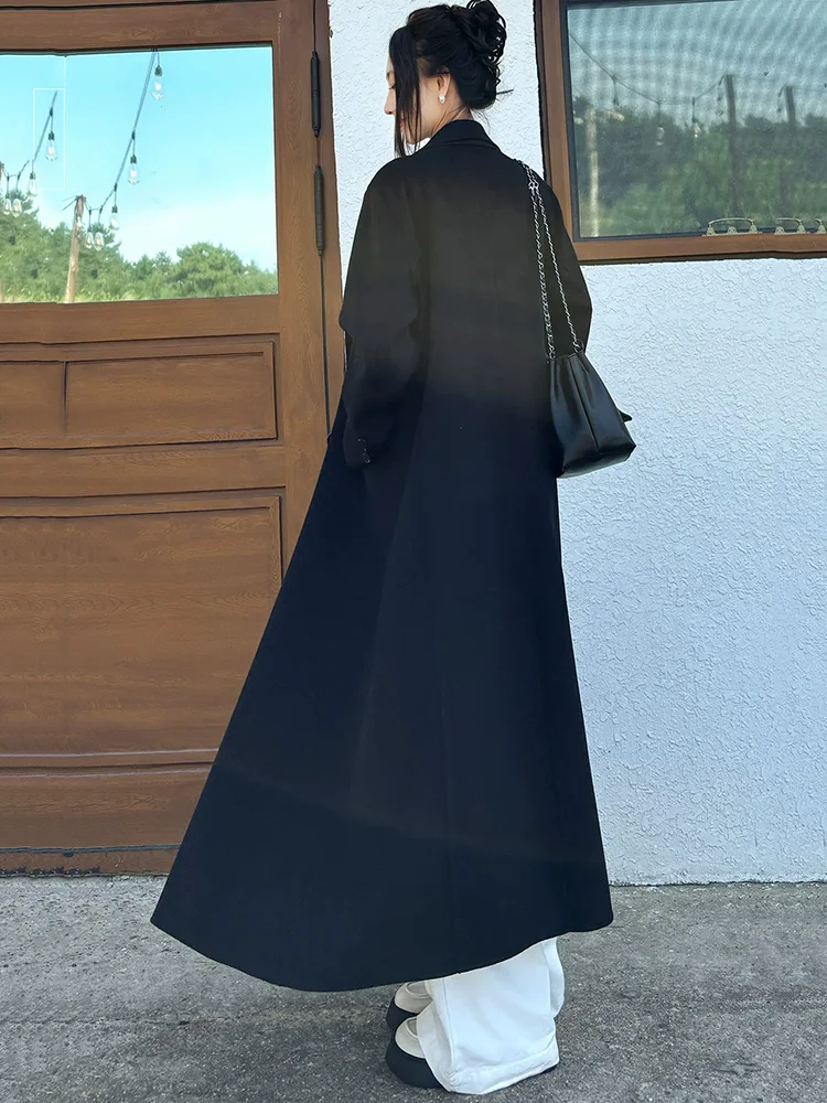 New Women Black Double-Faced Wool Coat Spring Autumn Fashion Suit Collar Double Breasted Loose Long Casual Daily Woolen Coat