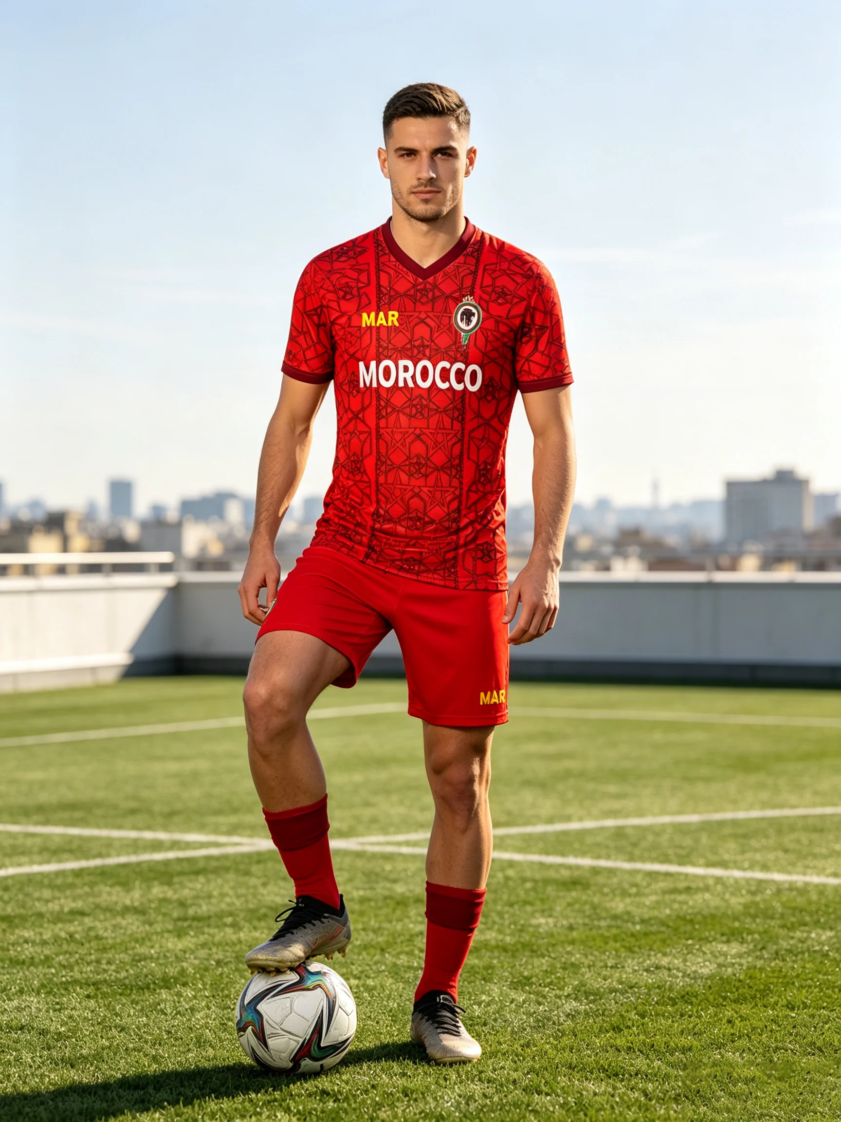Classic Morocco supporter short‑sleeve jersey, ethnic full‑print design, flexible fit for sports training