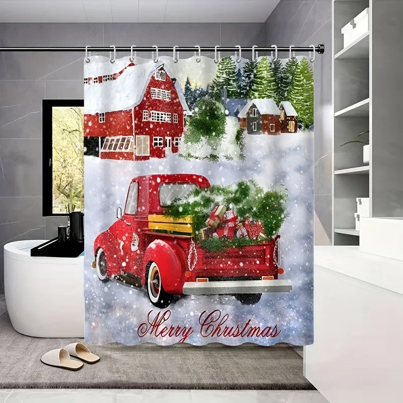 Christmas-Themed Print Shower Curtain with Vintage Red Truck & Snowy Village Design - Festive Holiday Bathroom Decor