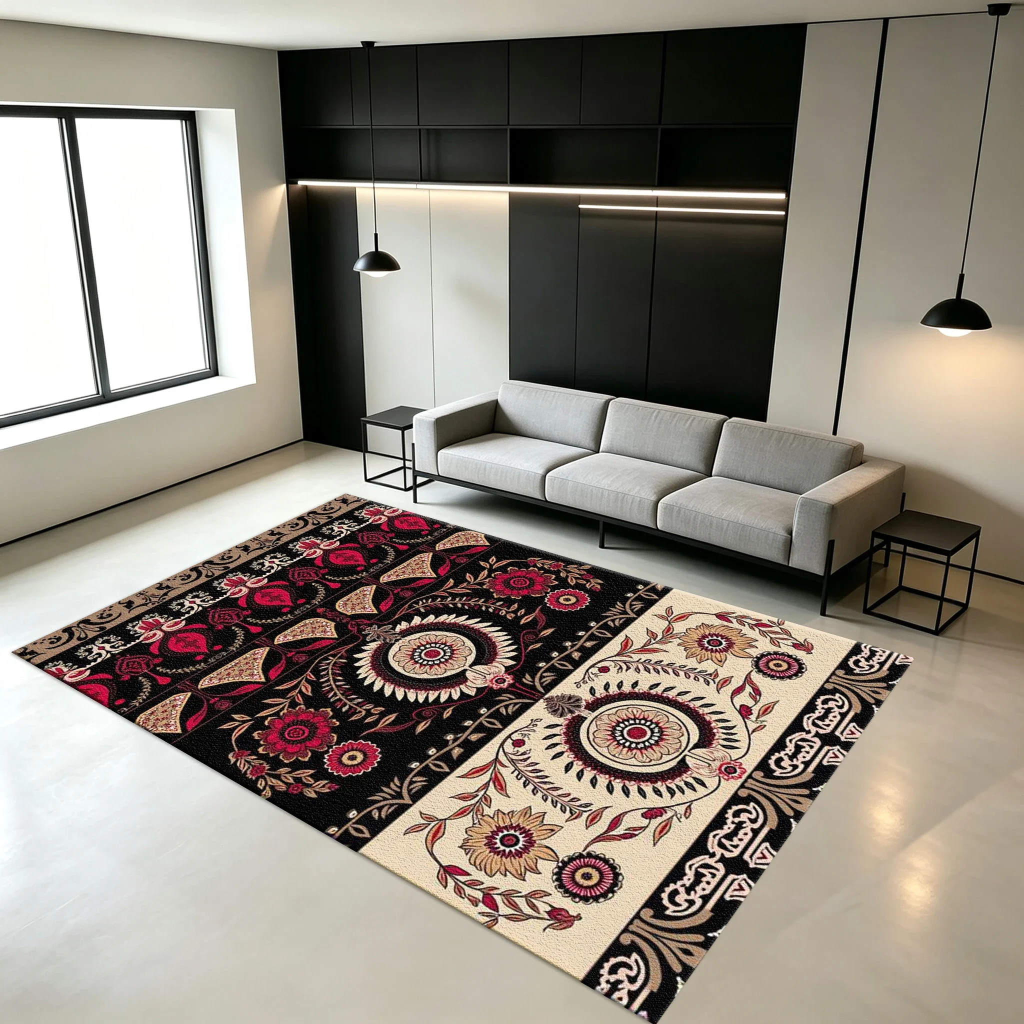 Vintage Oriental Floral Border Carpet Floor Decorations Ethnic Bohemian Mandala Printed Carpet Non-Slip Floor Mat Suitable for B