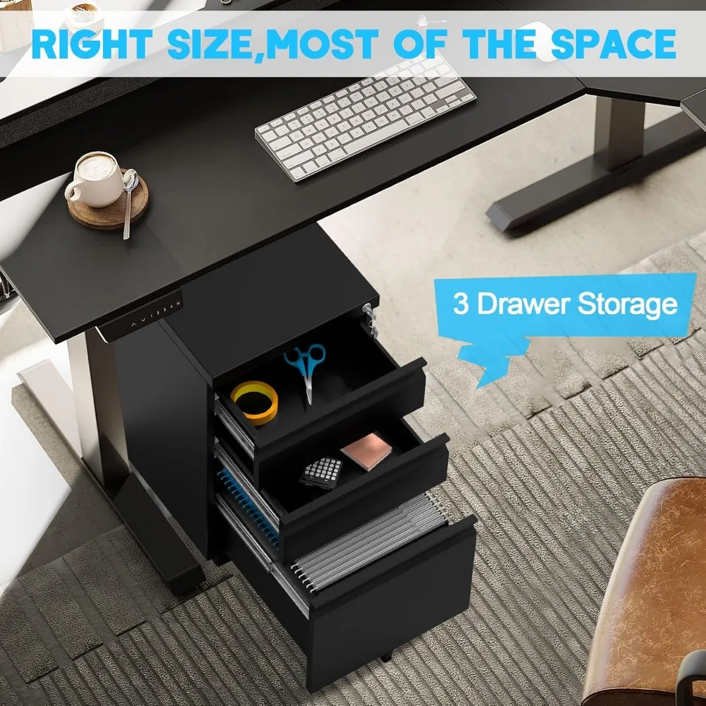 خزانة ملفات متنقلة بثلاثة أدراج مقاس 24 بوصة - خزانة ملفات جانبية للمكتب مع قفل/2 مفتاحًا، خزانة ملفات معدنية تحت المكتب مع ضبط