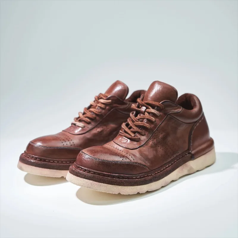 American Retro Washed Low Top Board Shoes Men's Genuine Leather Round Toe Derby Outdoor Casual Male Shoes Sport Flats Oxfords