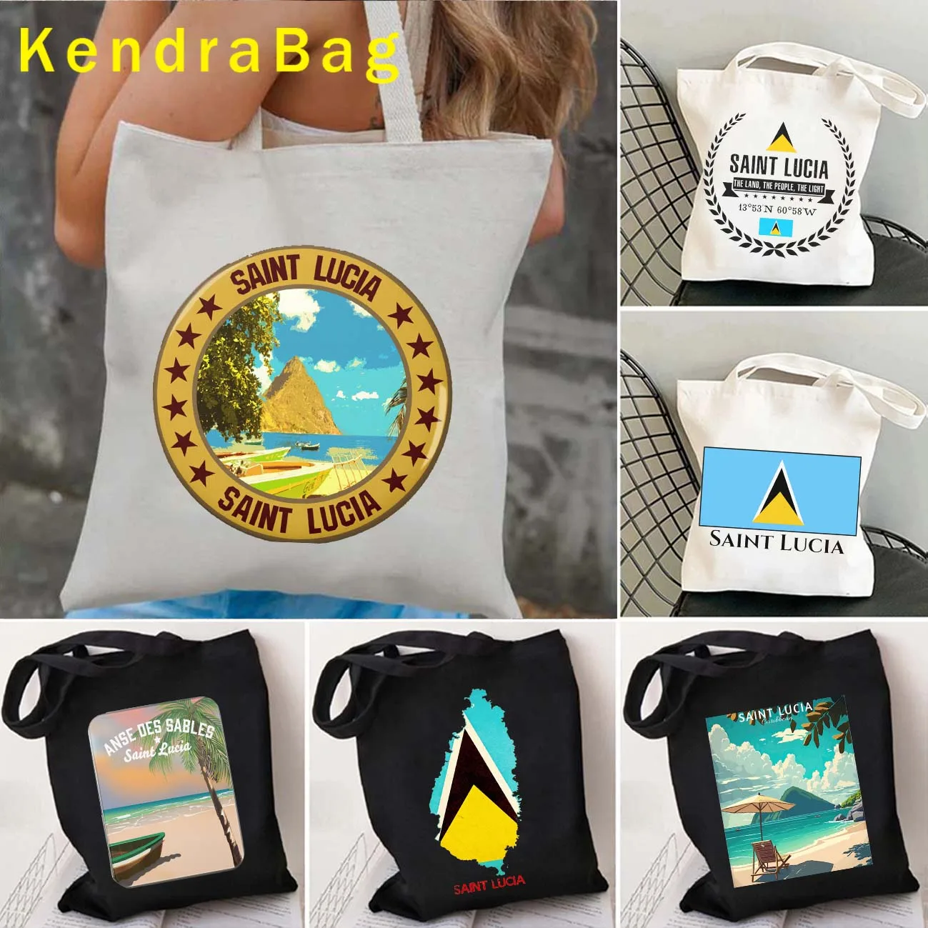 

Saint Lucia Map Flag Round Emblem Sunset Patriotic Travel Gifts Women Canvas Shoulder Tote Bags Harajuku Shopper Cotton Handbags