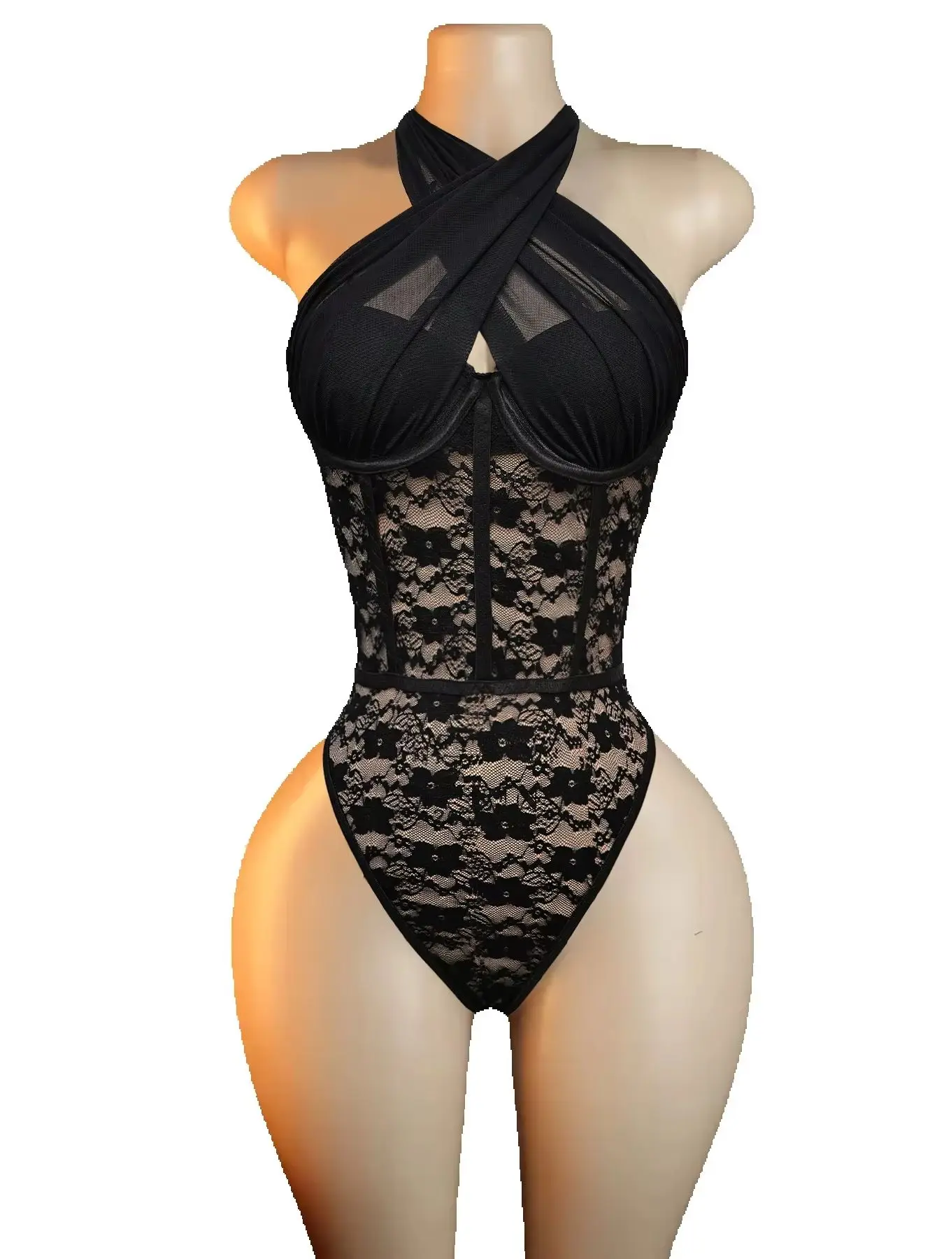 Women Deep Blue Floral Lace Underwire Teddy Lingerie, See Through Mesh Cutout Bodysuit With Garter Belts