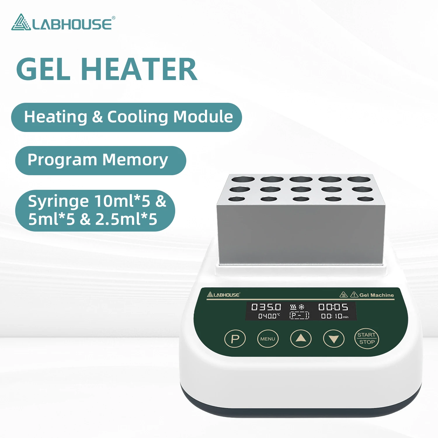 LABHOUSE DB100-CG Plasma Gel Heater/Cooler, RT -15 ° C–100 ° C, 5×2.5/5/10mL Block Plasma Gel Heating / Cooling, 9 Program Memory, Temperature Control, ±0.5 ° C, Timer 5s–23h59min, for PRP/PPP