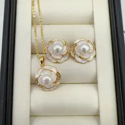 Natural Freshwater Pearl Drop Glaze Camellia Design 14k Gold Filled Jewelry Pendant For Women Necklace Pearl Jewelry Set Gift