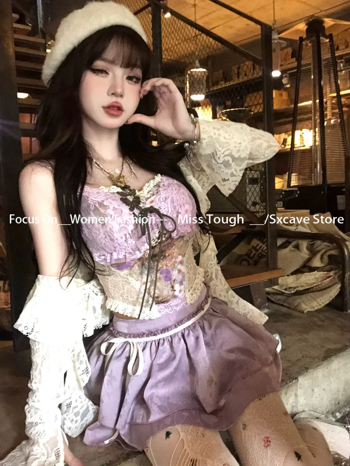 Lace Vintage Suits Women Casual Y2k Cardigan + Corset Vest + Mini Skirts Korean Fashion 3 Piece Sets 2000s American Clothing