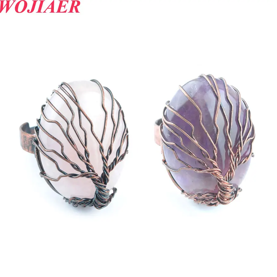 Copper Wire Wrapped Stone Beads Rings Healing Crystal Quartz Amethysts Egg Shape Homme Finger Ring Party Wedding Jewelry BO913