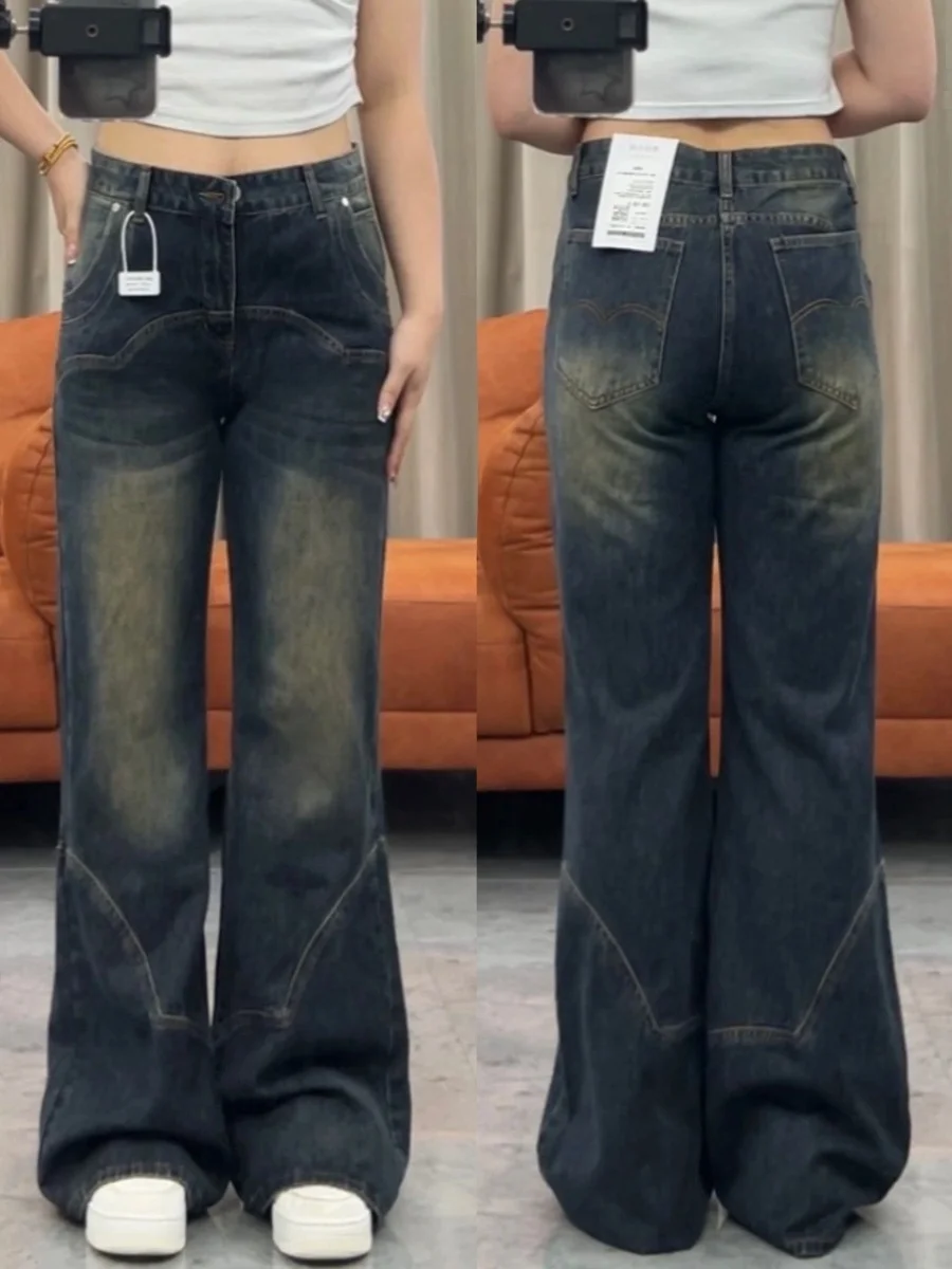 

plus Size Autumn Winter Denim Jeans Women's Wide Leg Floor Length Pants American Retro Style High Waist Deep Color Long Trousers