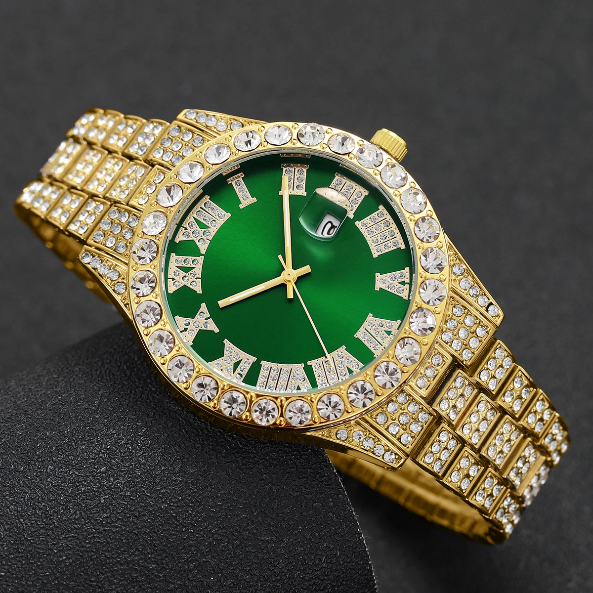 2PCS/Set Fashion Diamond Men Watch Roma Green Dial Steel Band Quartz Watches Rhinestone Bracelets Set