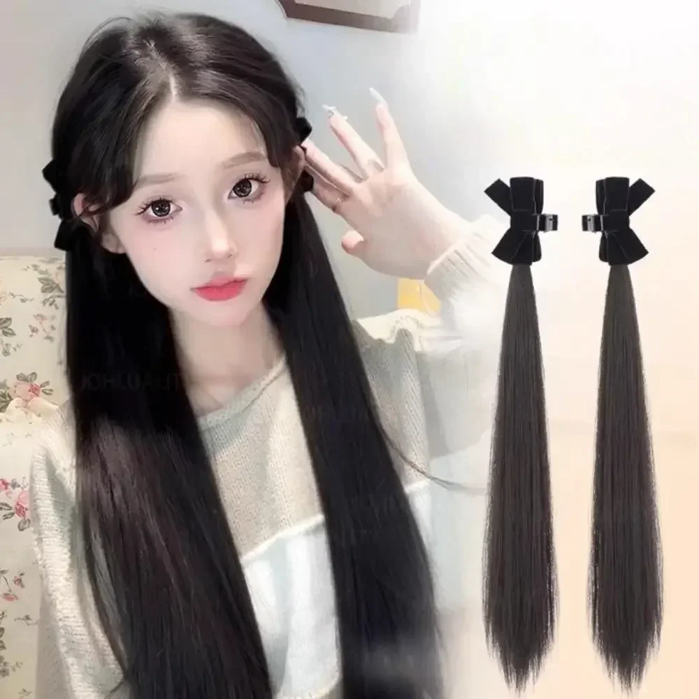 Female Clip-in Synthetic wig 2Pcs Natural Girls Double Ponytail Curly Bow Wig Elf Ear Playful Simulation Hair Extensions Increas