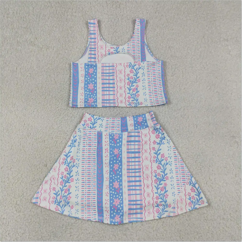 

Fashion Sleeveless Baby Girls Blue Pink Flowers Vest Top Skirt Short Yoga Active Clothes Sets