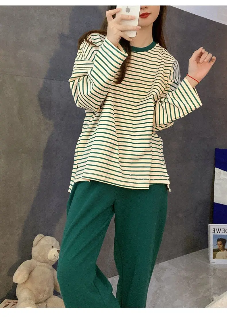 Damen-Herbst-Pyjama mit Brustpolstern, gestreift, langärmelig, Übergröße, O-Ausschnitt, schlicht, lässig, modisch, koreanischer Schulpyjama, Homewear – Detail 12