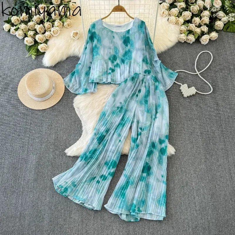 Tie Dye Two Piece Set Women Loose O-neck Flare Sleeve Shirt Blouses + Pleated Wide Leg Pants 2025 New Summer Autumn Suit