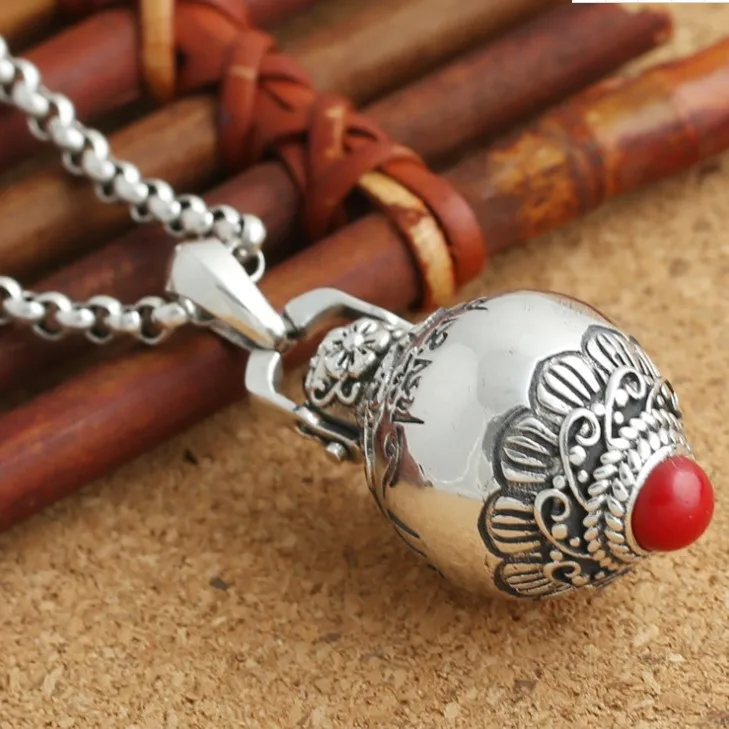 Tibetan retro Thai silver 925 ethnic wind box silver pendant female lotus shaped scripture tube Chinoiserie accessories