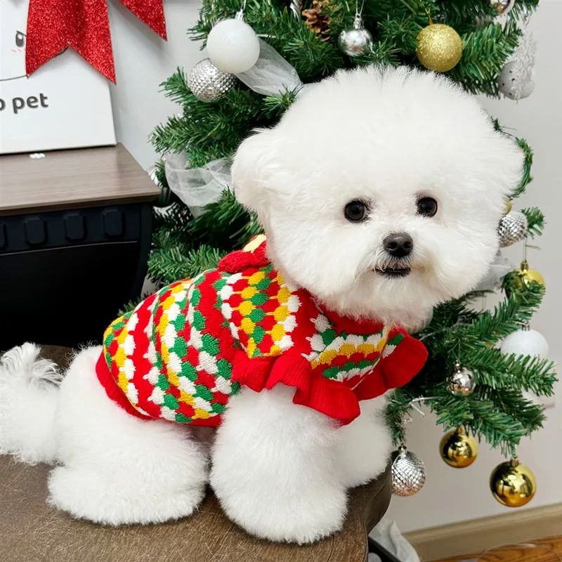 

Beautiful Pet Dog Clothes Autumn and Winter Teddy Warm Clothes Bichon Flower Sweater Puppy Two Legs Knitted Sweater
