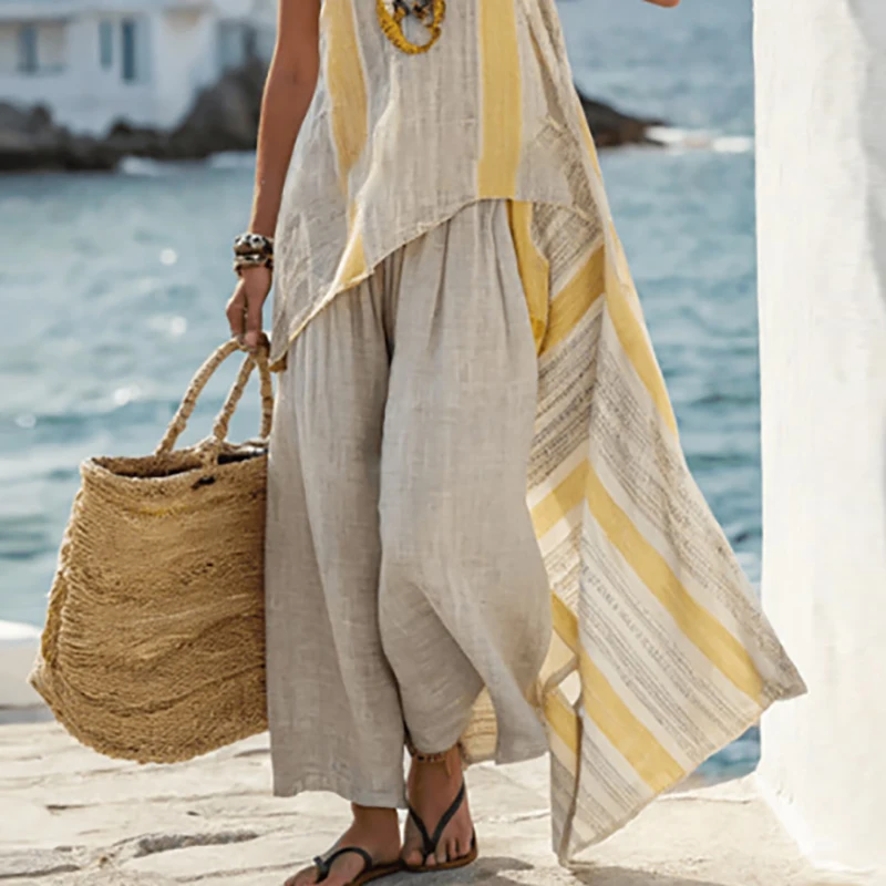 Harajuku Retro Striped Print Vacation Outfits Woman Spring V Neck Irregular Long Top & Wide Leg Pant Sets Sleeveless Summer Suit