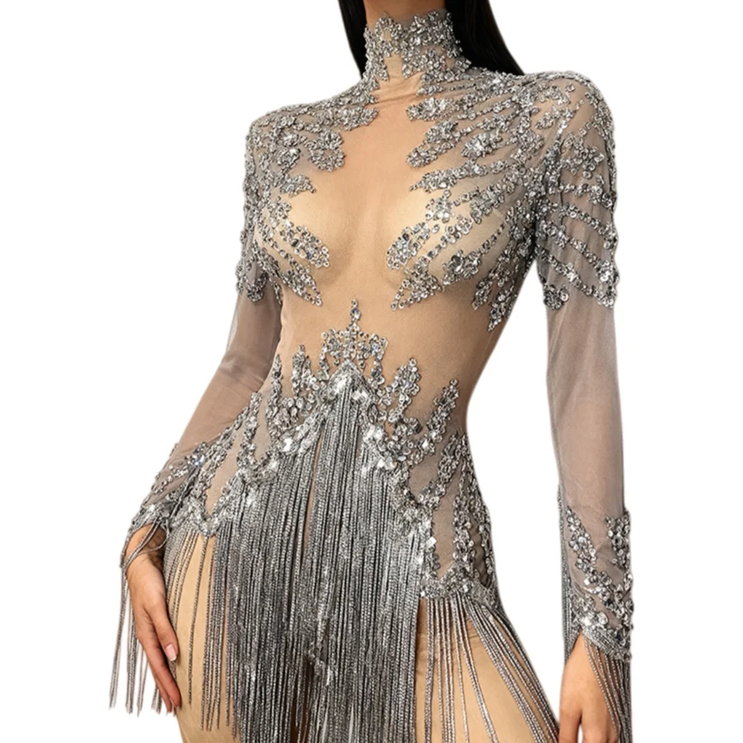 

Sparkly Crystals Sequins Tassel Bodysuit Club Dance High Cut Thong One Piece Leotard See Through Mesh gig Sexy Outfit Tangshui