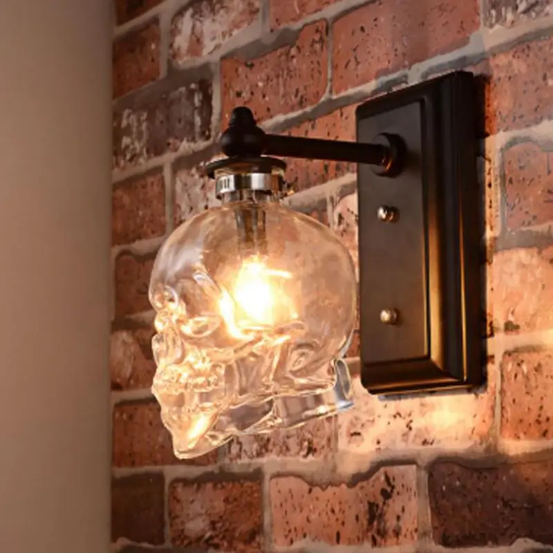 Candelabro de pared de luz simple de hierro negro con cabeza de calavera, pantalla de vidrio transparente, iluminación del hogar, lámpara de pared para comedor, lámpara de calavera