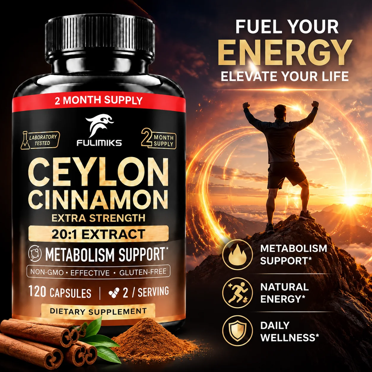 Pure Natural Ceylon Cinnamon Supplement, Support Gut Digestion, Energy, Detoxification, Heart & Metabolism for Men & Women