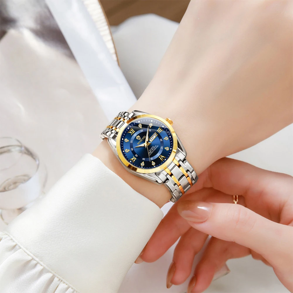 BINBOND Women's Watches B7169L Luxury Fashion Original Quartz Watch for Lady Waterproof Luminous Date Week Dual Calendar Trend