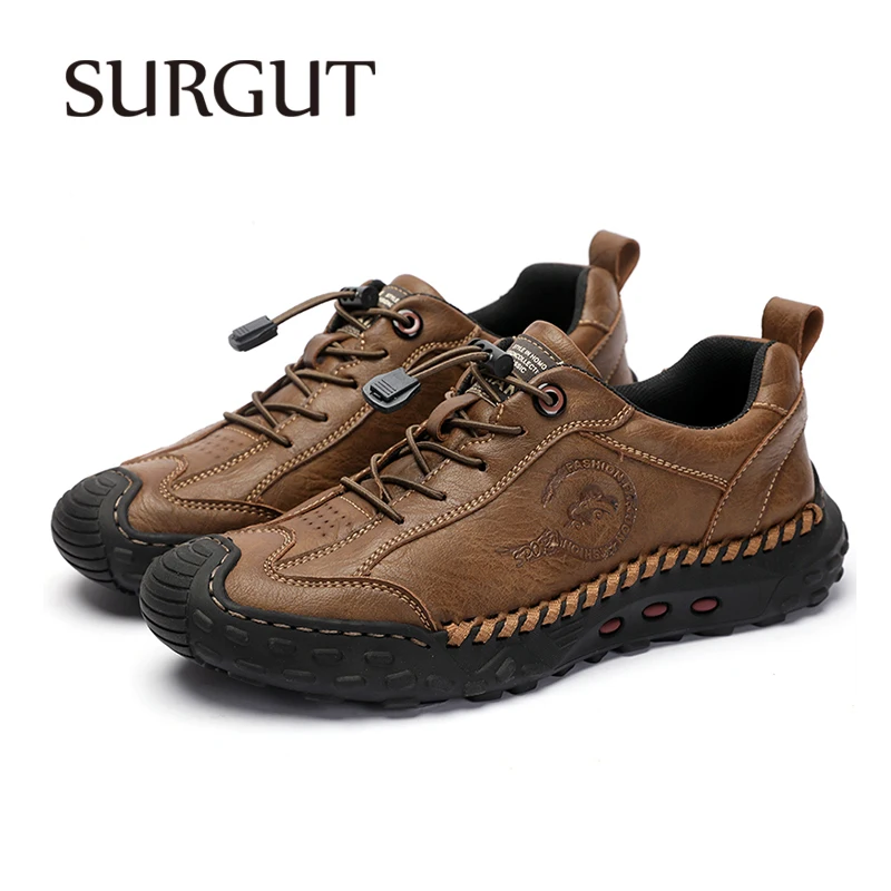 SURGUT Fashion Leather Men Casual Shoes Handmade Breathable Cowhide Man Board Shoes Breathable Soft Working shoes