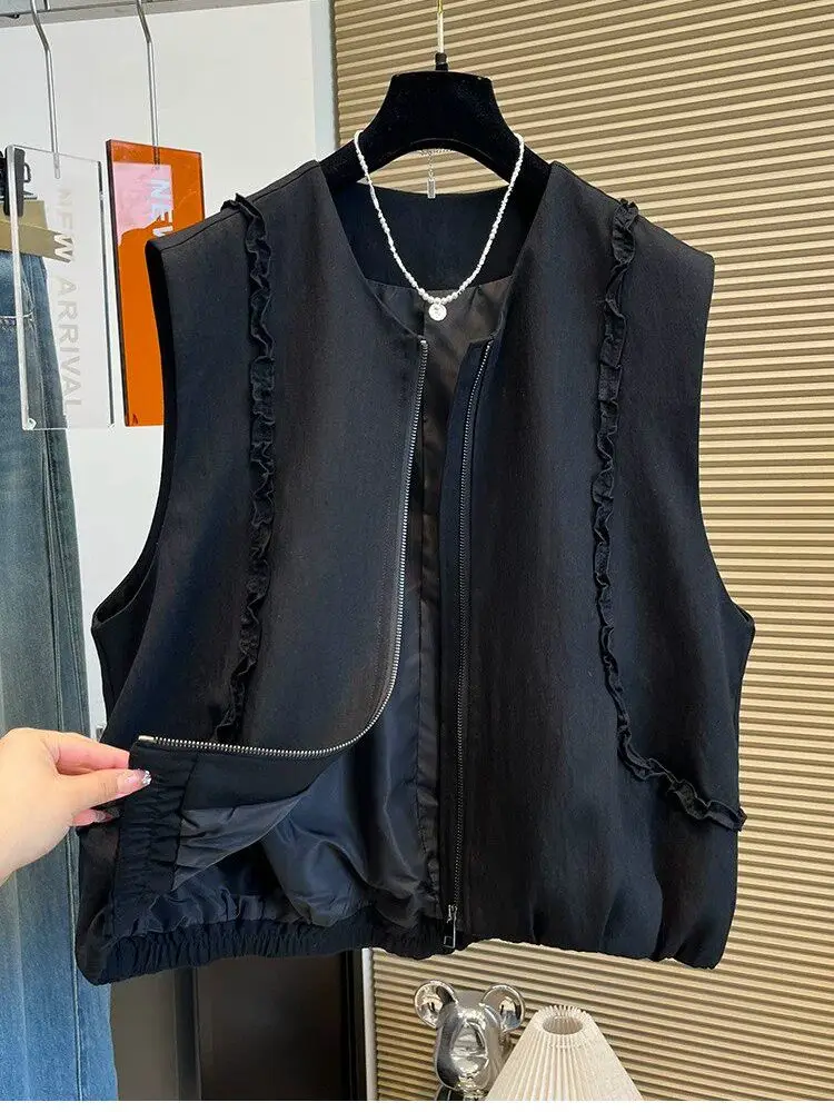 Korean Style Wooden  Folded Short Jacket Women's Autumn Fashion Layered Zipper Sleeveless Shoulder Pad Vest Trendy