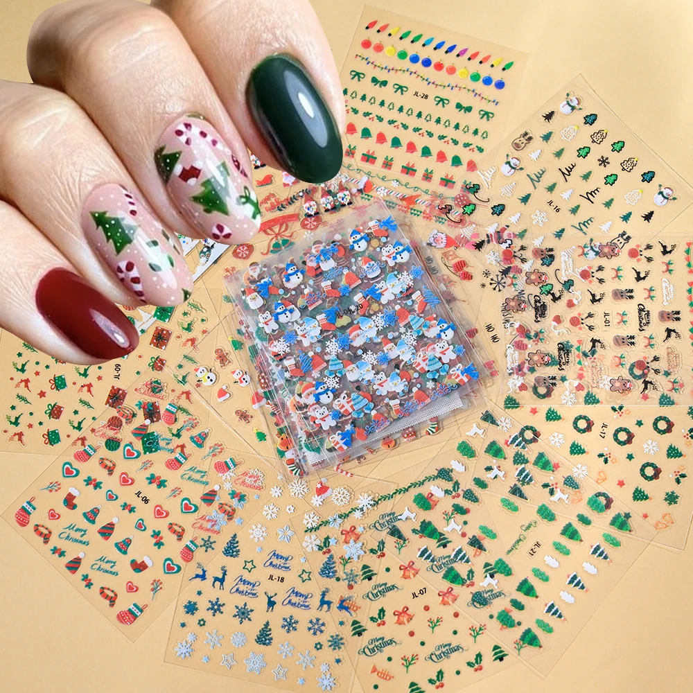 30 pçs/set 3d misturado glitter natal adesivos de unhas kawaii elk/floco de neve/urso/boneco de neve decalque de natal 1000 + padrões boneco de neve slider