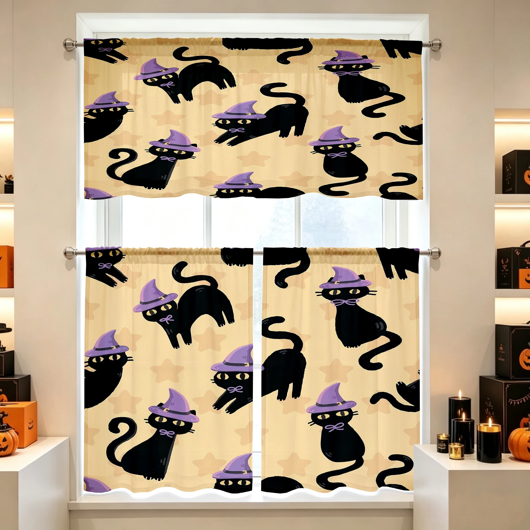 Halloween Fall Kitchen Curtains, Purple Hat Black Cat, Digital Print, Kitchen Dining Room, Rod Pocket Polyester, Home Decor